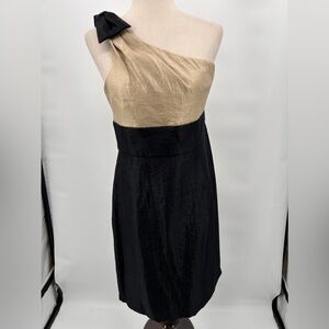 London Times NWT One Shoulder Dress Size 12 Black‎ Gold Bow Cocktail Party Glam
